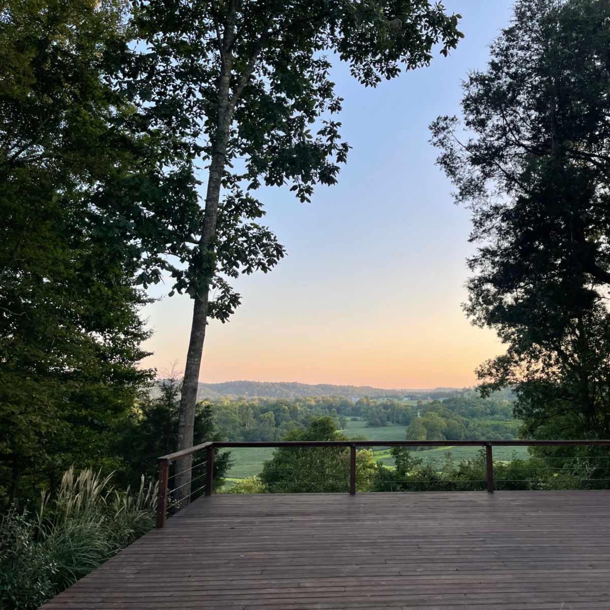A wooden deck overlooks a green valley surrounded by trees against a serene sky at dusk.