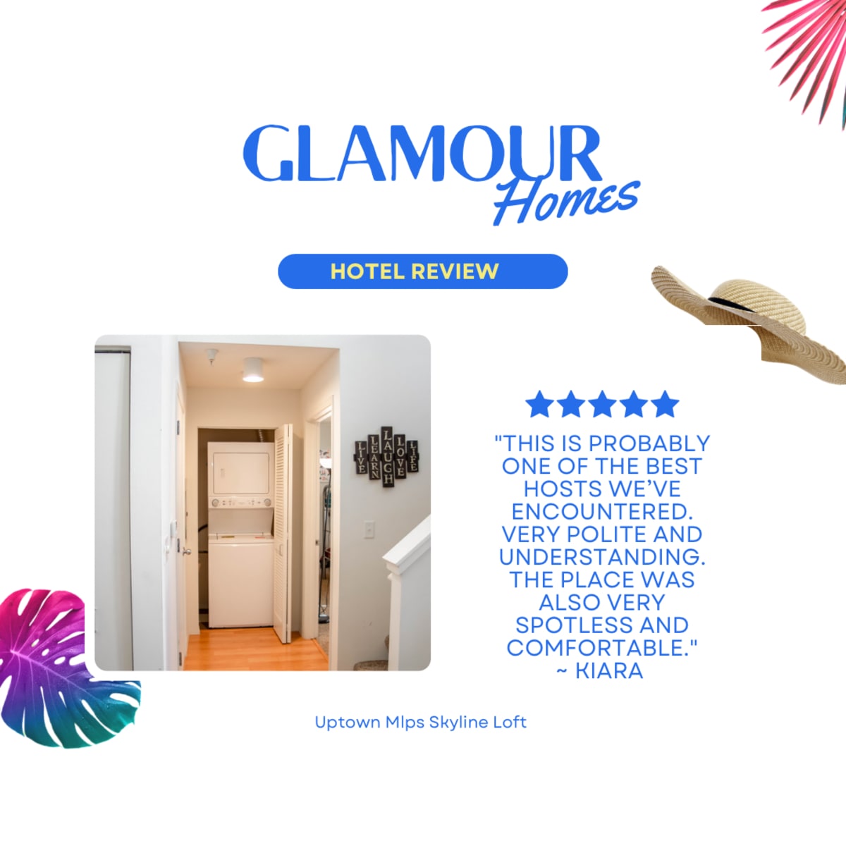A bright hallway includes a washer and dryer, leading to a door that is partially open.