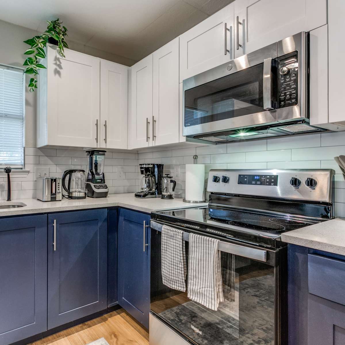 A modern kitchen features blue and white cabinetry, stainless steel appliances, and a small window with greenery.