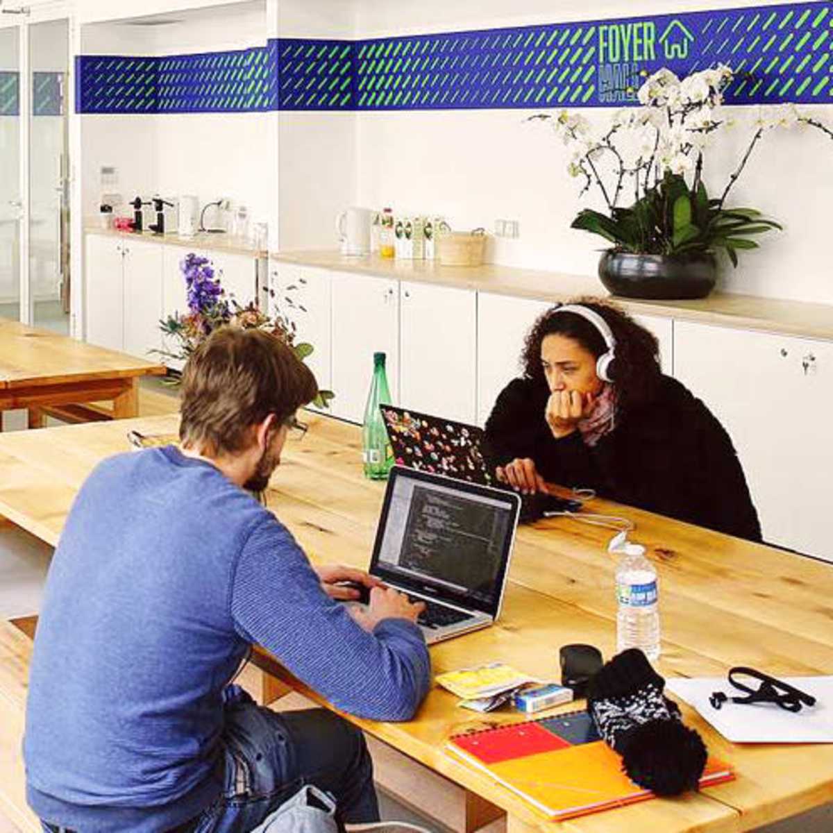 A group of people is working at wooden tables in a light-filled room with plants and desks.