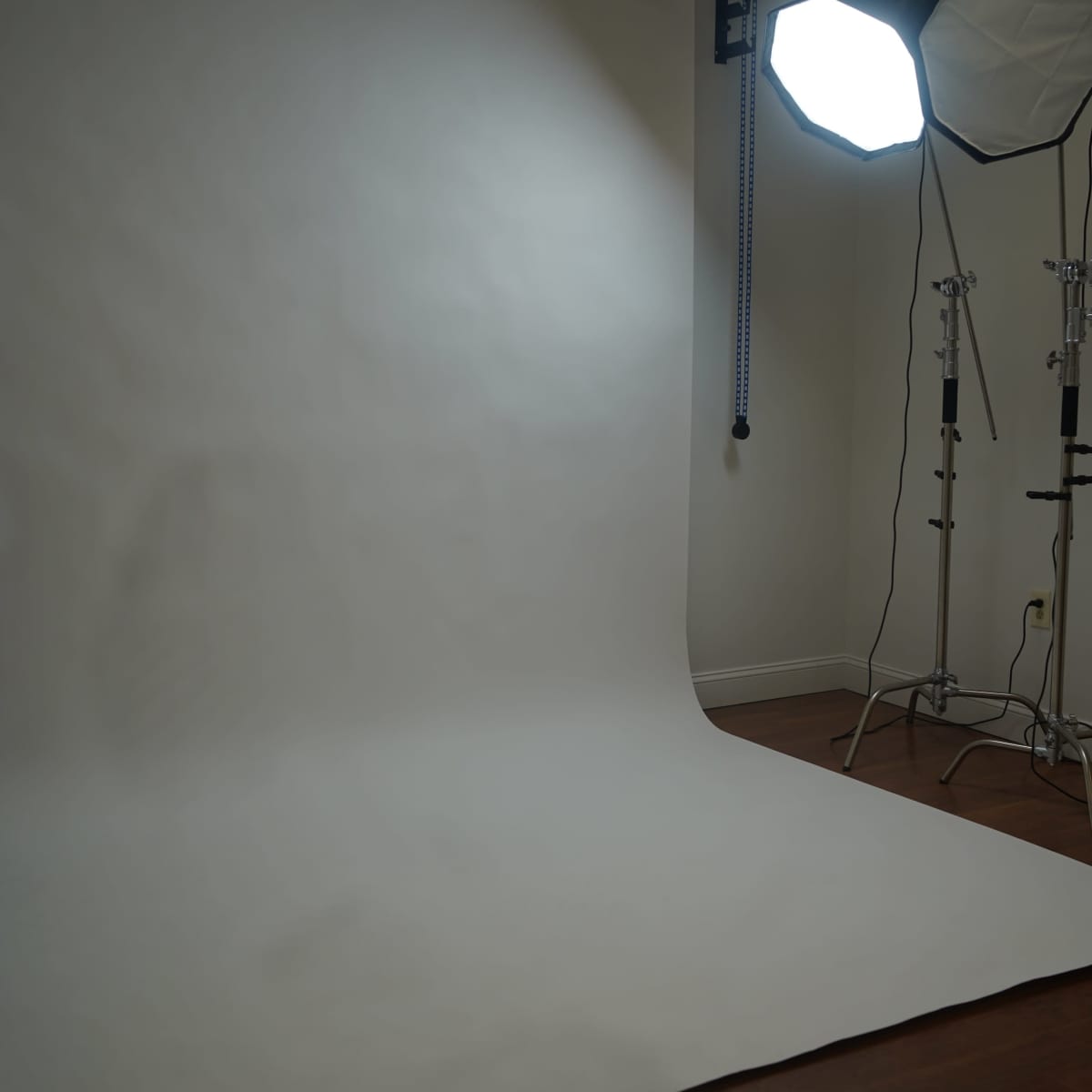 A photography studio with a white backdrop, softbox lighting, and support stands.