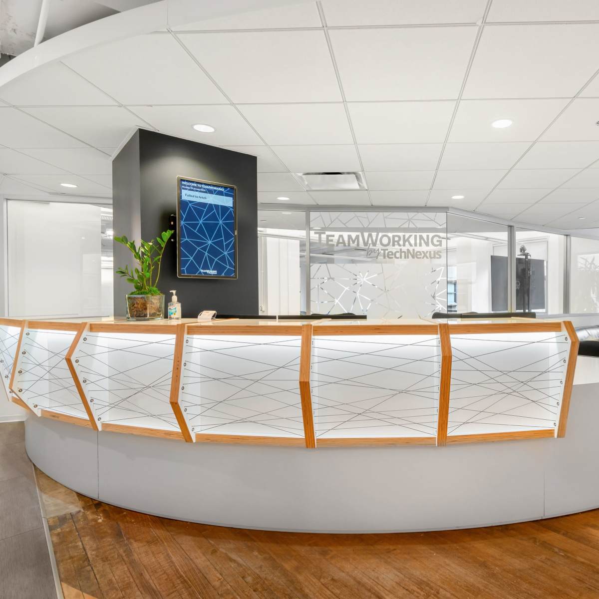 A modern reception area with a curved desk, decorative plants, and large windows allowing natural light to enter.