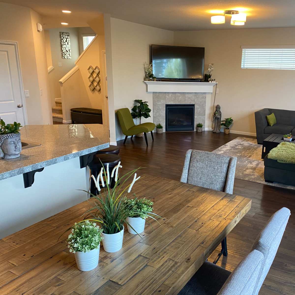 A spacious living area featuring a modern couch, a television mounted above a fireplace, and a dining table with decorative plants.