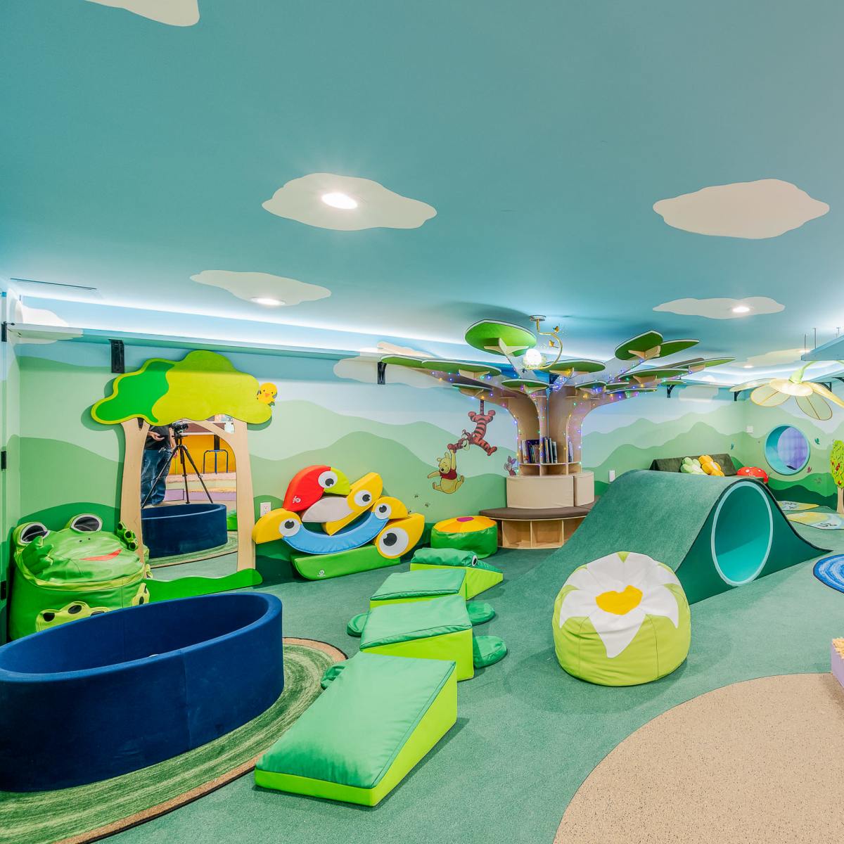 A brightly colored children's playroom featuring various plush, frog-themed structures and a large tree centerpiece, with soft seating and tunnels for play.