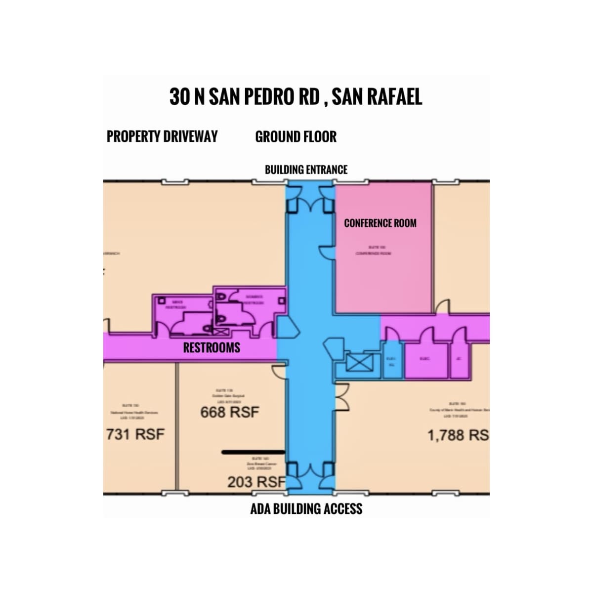 A floor plan of a building located at 30 N San Pedro Rd, San Rafael, highlighting the entrance, conference room, restrooms, and ADA access, with various room sizes indicated.