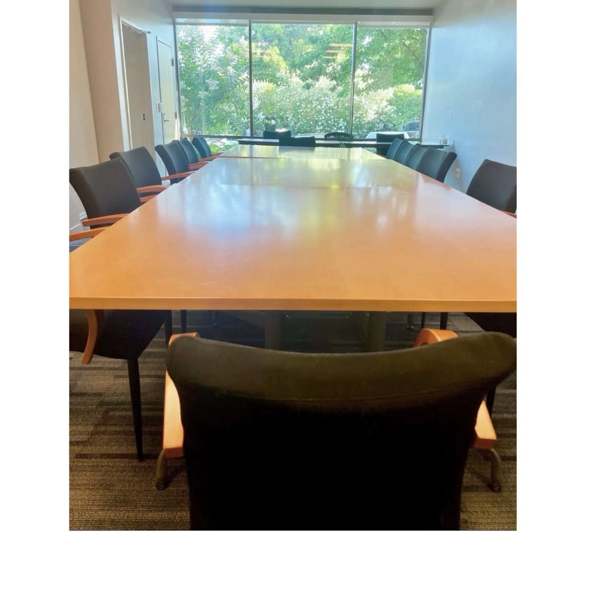 A long wooden conference table surrounded by black chairs is set in a brightly lit meeting room with large windows overlooking greenery.
