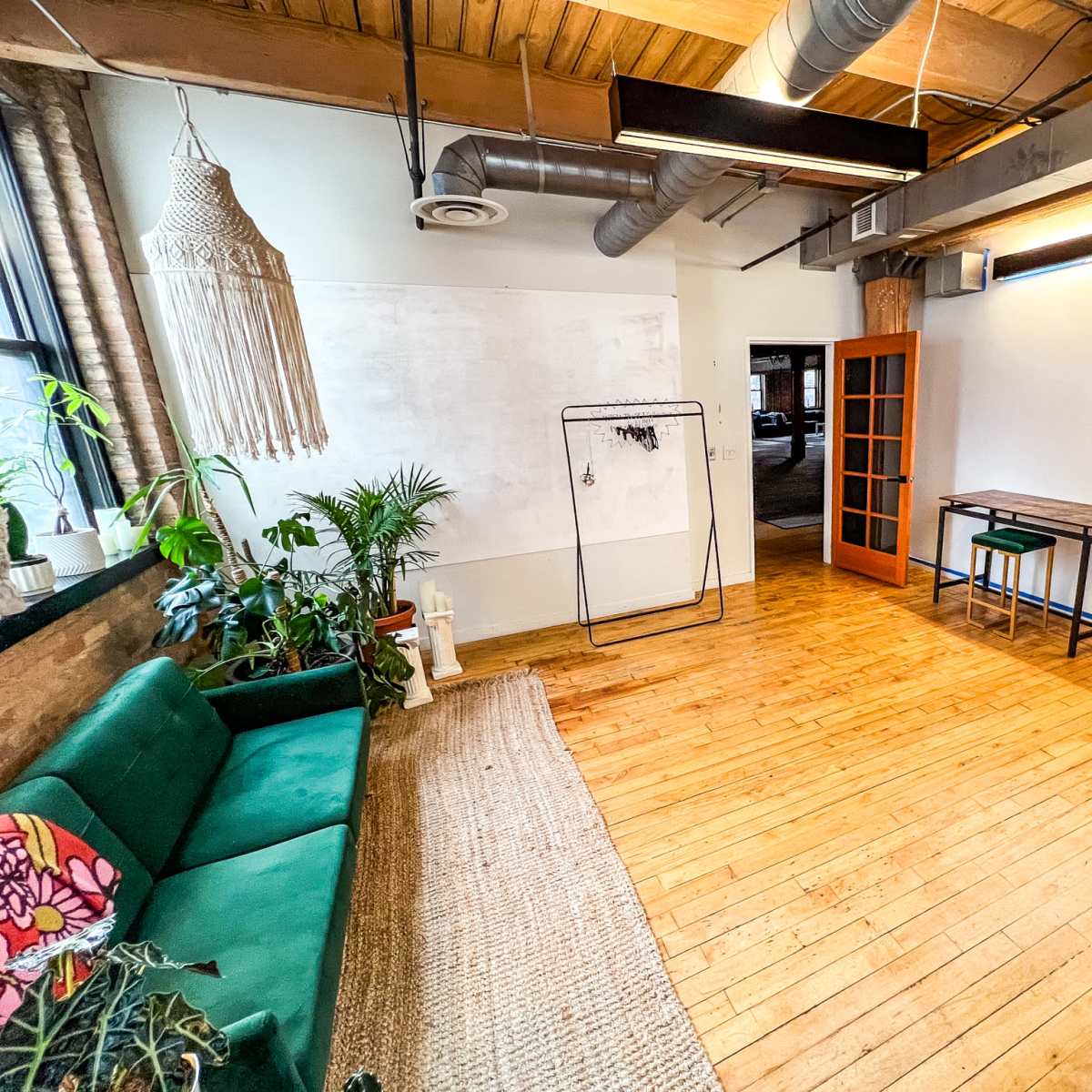 Sunbathed Urban Jungle Green Room for Interviews, Podcasting, Content Creation and Photo Studio in River North in Chicago Image in Near North Side, Chicago, IL
