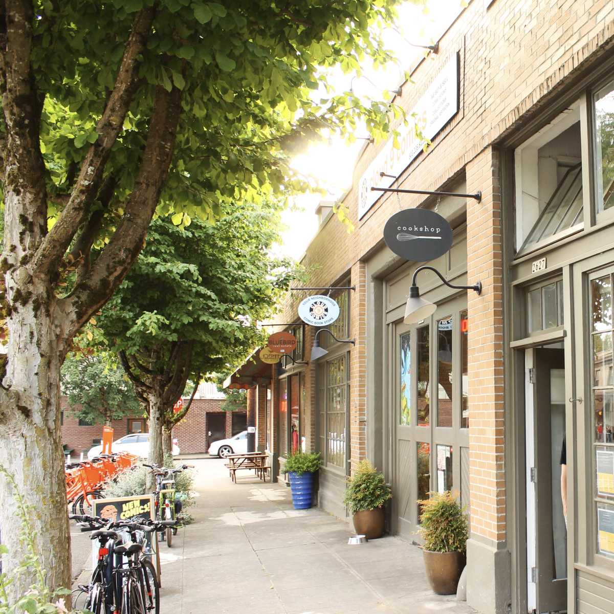 A sidewalk in an urban area lined with trees, featuring storefronts and a bicycle parked nearby.