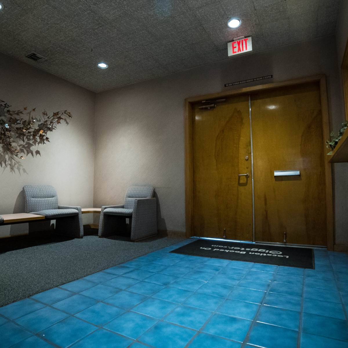A waiting area with two chairs, a plant, and a double door at the entrance, all situated on a gray carpet and blue tile floor.