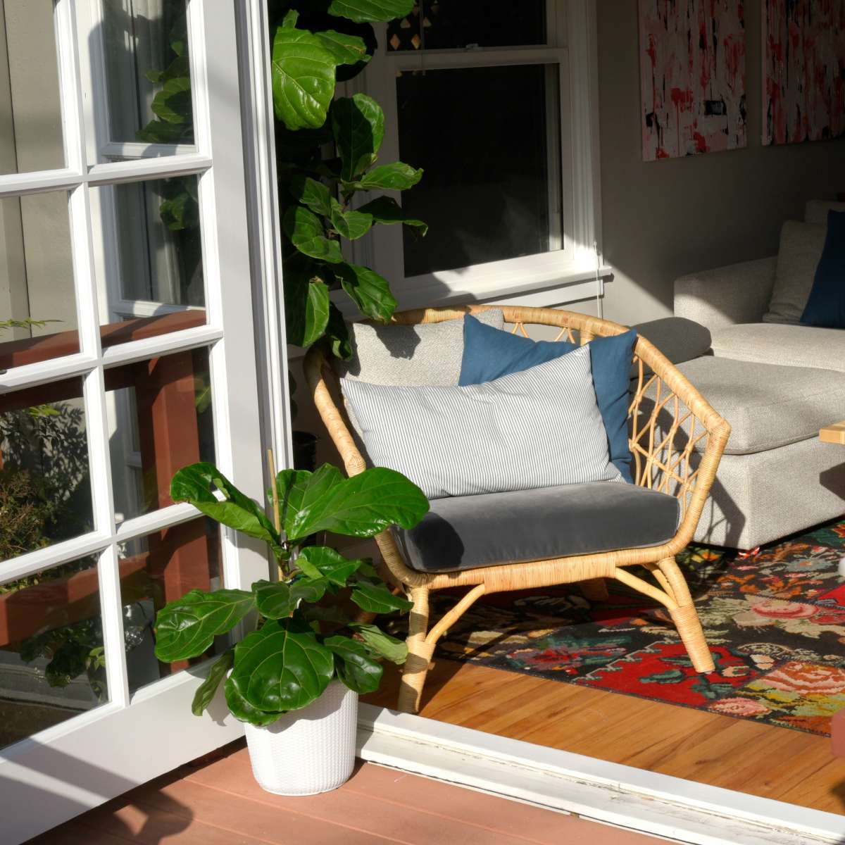 A cozy living space features a rattan chair with cushions, a gray sofa, and potted plants, all situated near large glass doors opening to a sunlit area.