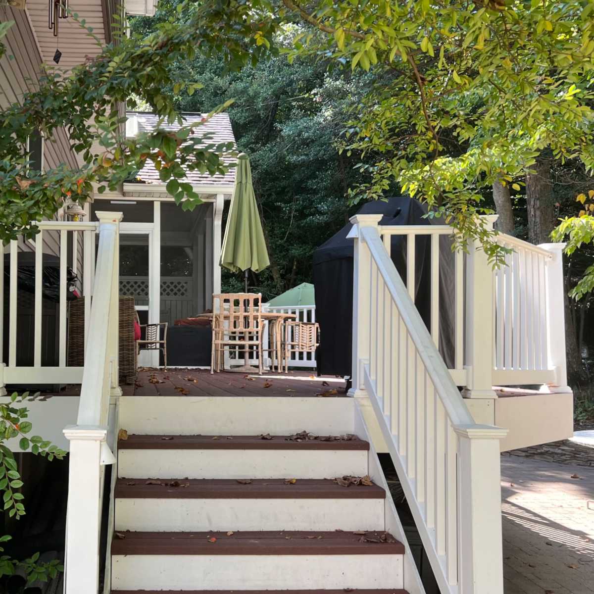 A staircase leads up to a deck with outdoor furniture, surrounded by greenery and trees.