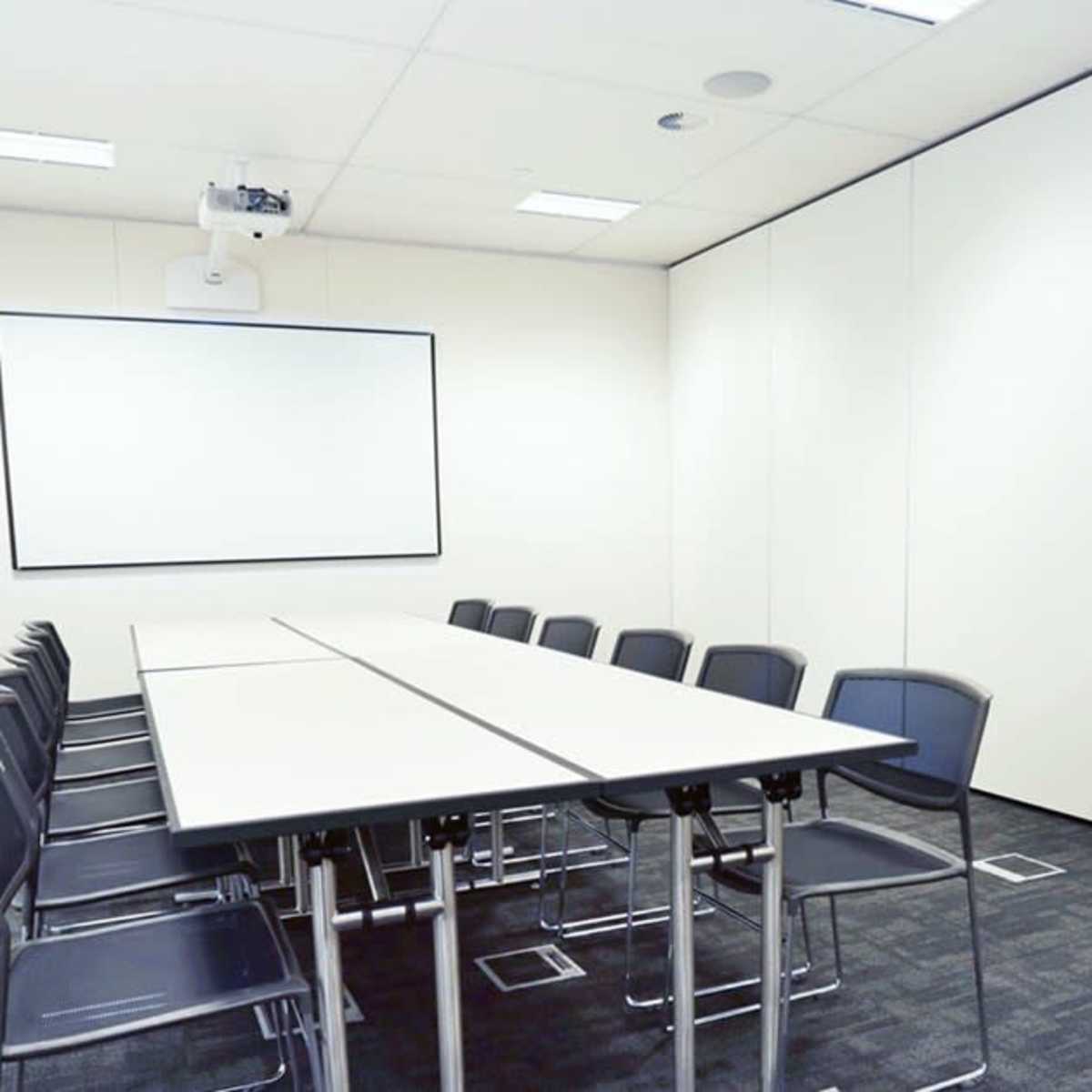 A modern conference room features a long table surrounded by chairs, a projector screen on the wall, and two potted plants in the corners.