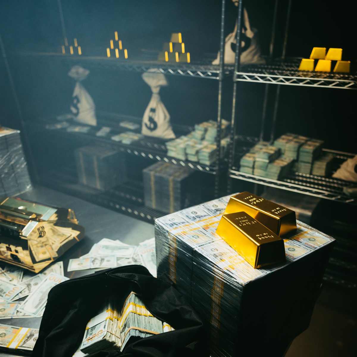 A table displays stacks of cash and gold bars in a dimly lit room with shelves filled with more money.