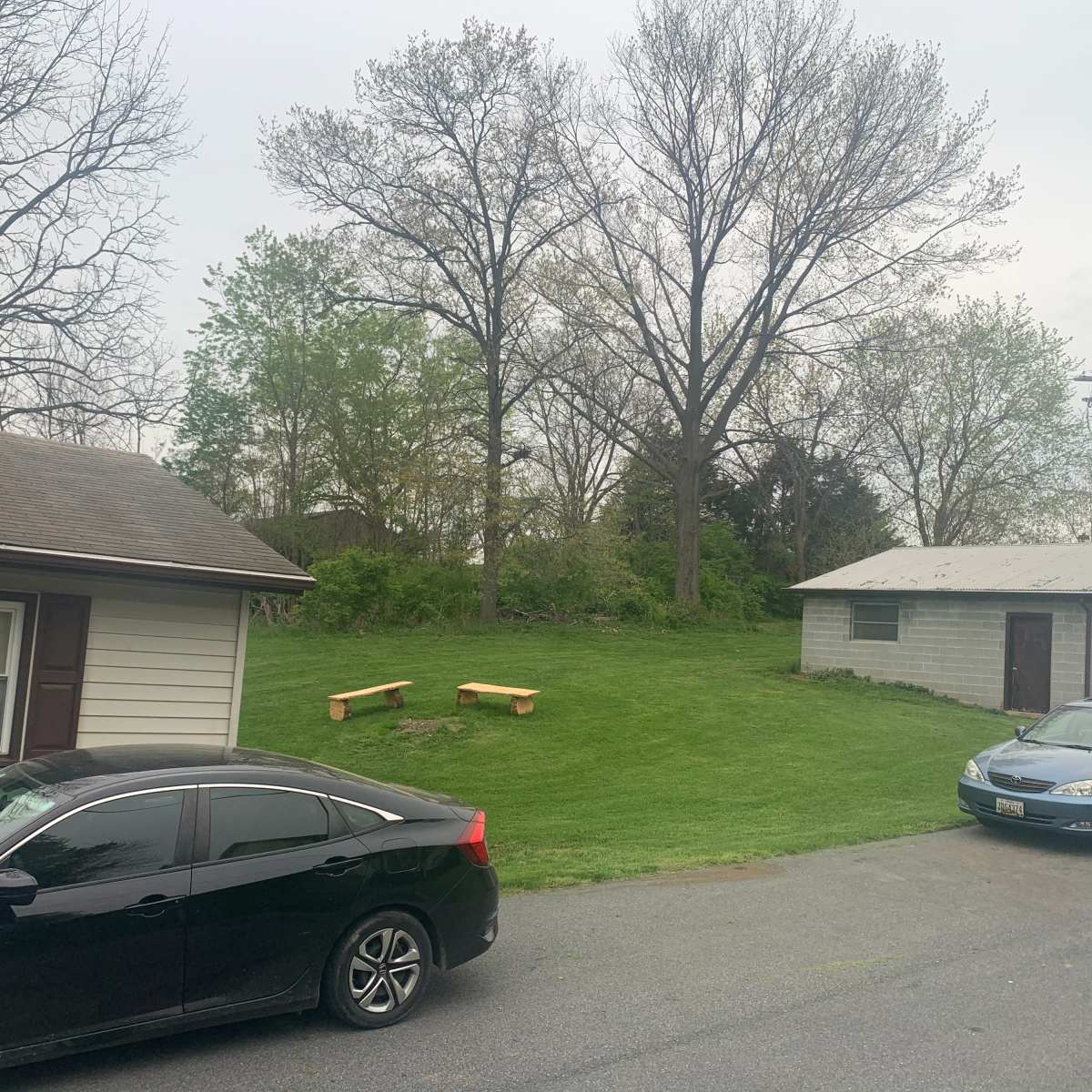 A grassy area with two wooden benches located between a house and a shed, with parked cars visible in the foreground.