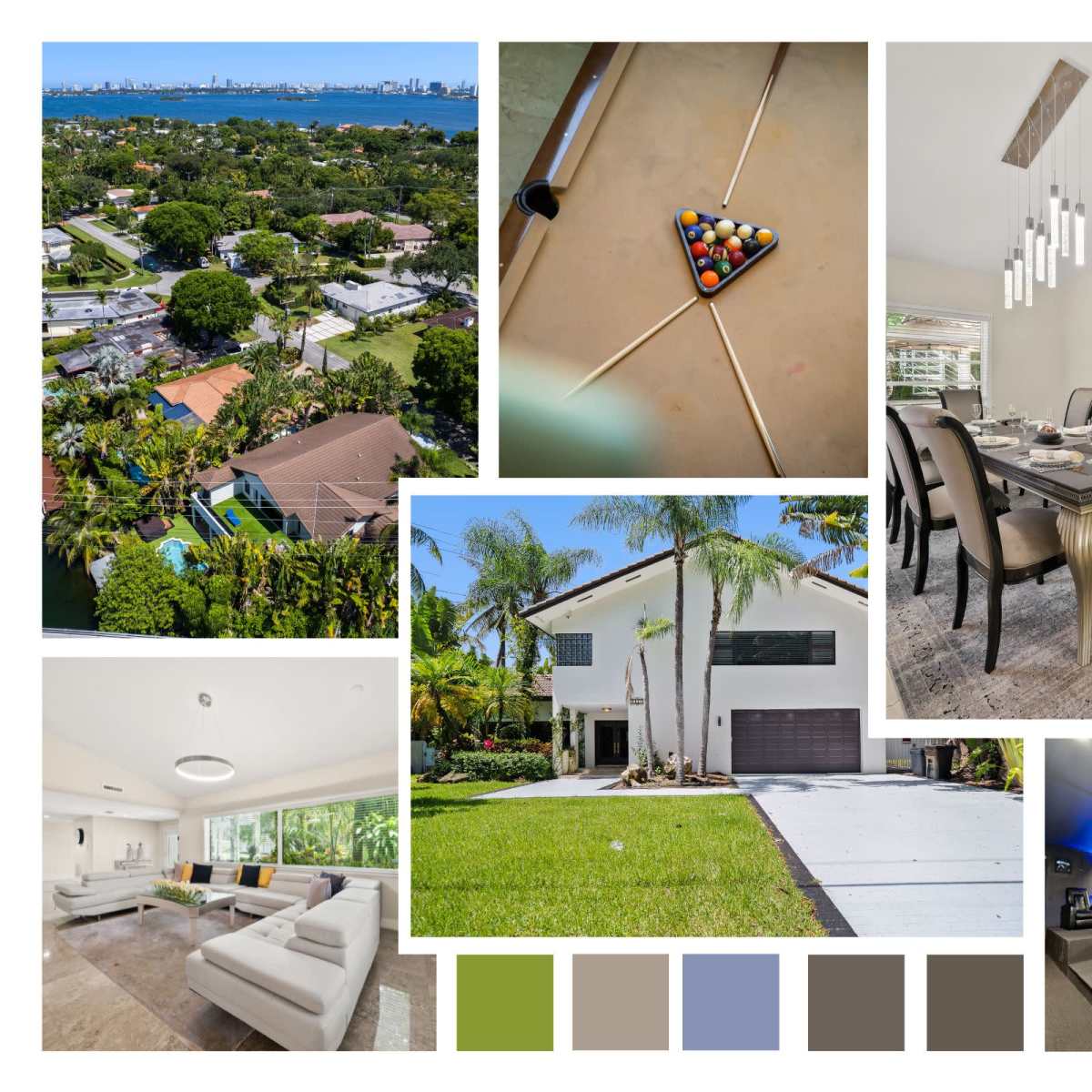 The collage features various scenes, including an aerial view of a residential area, a close-up of a pool table with balls, a dining setup, a modern home exterior with palm trees, an interior living space, and a home theater.