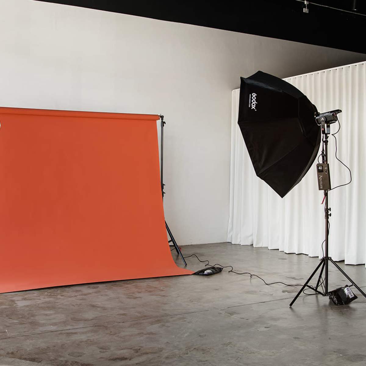 A photography studio setup with an orange backdrop, two light sources, and a potted plant in the corner.