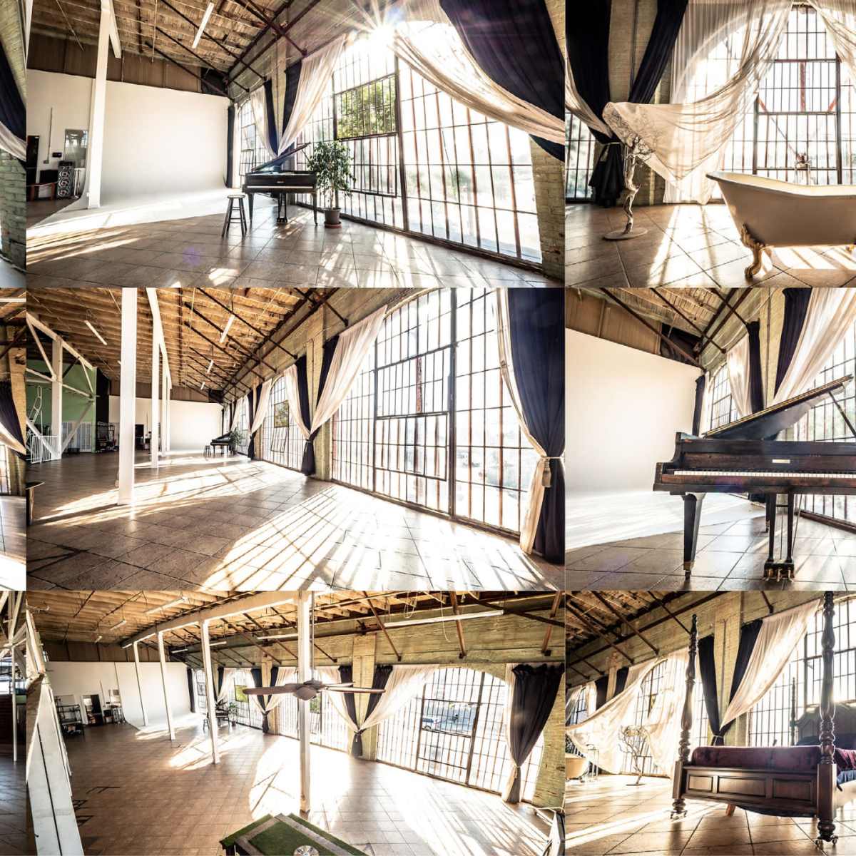 A spacious, well-lit studio with large windows, featuring various areas including a bathtub, a piano, and seating arrangements.