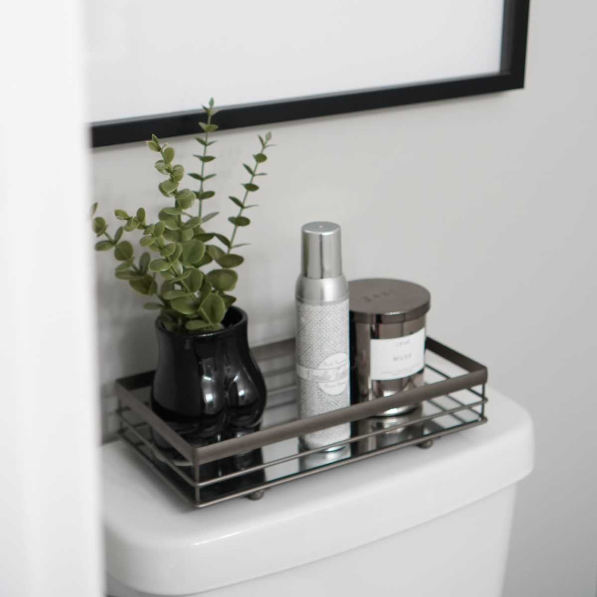 A black planter with a green plant, a silver spray bottle, and a decorative jar are arranged on a metal tray atop a white toilet, next to a framed geometric print on the wall.