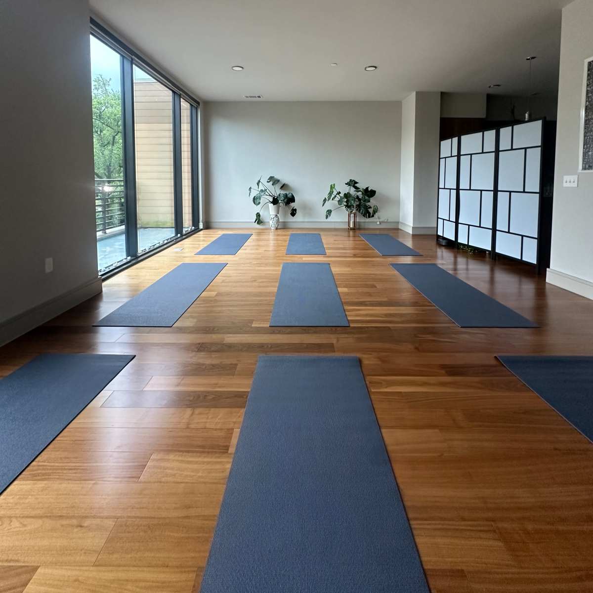 A spacious, modern yoga studio with several yoga mats placed on a wooden floor, and large windows allowing natural light to enter.