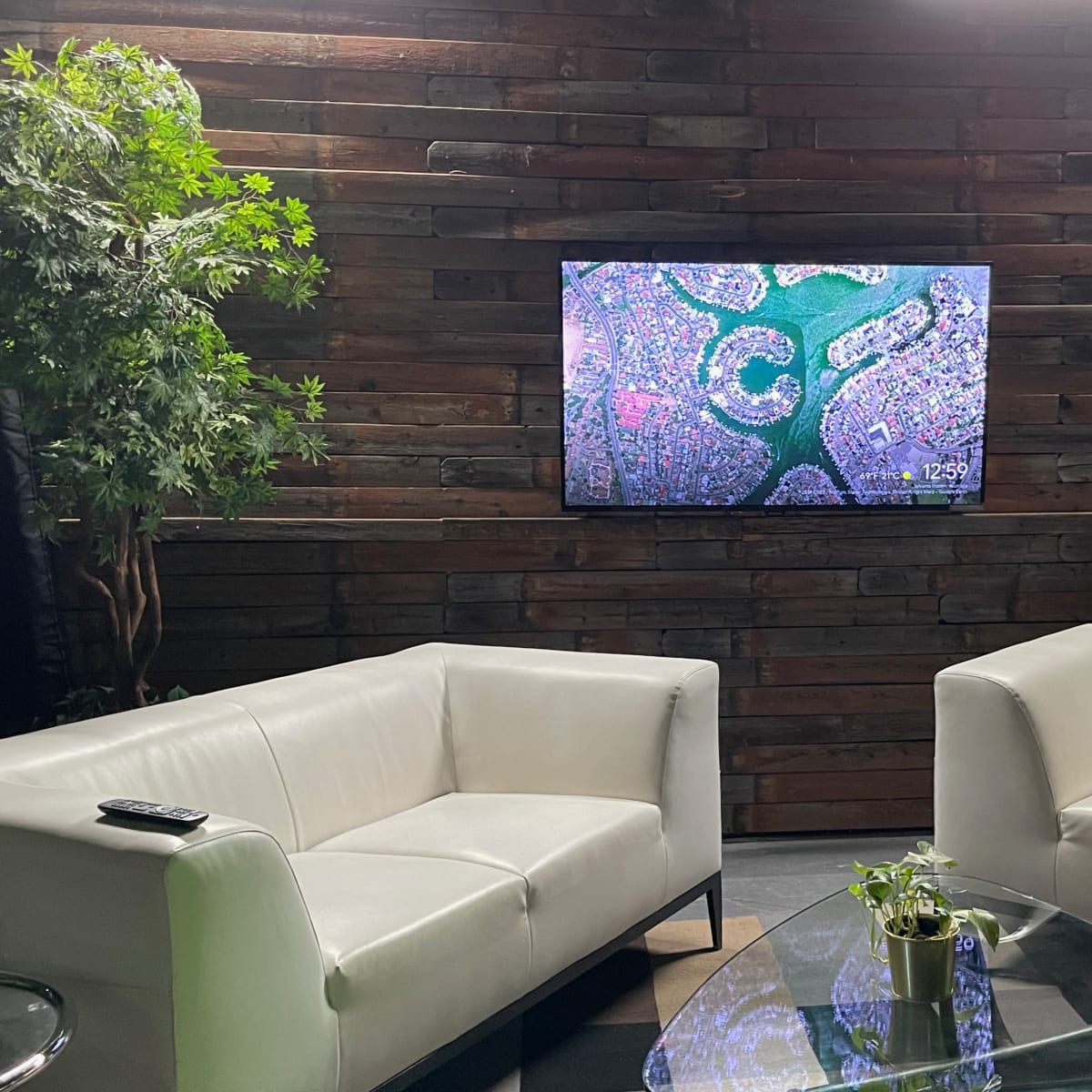A modern seating area with two white chairs facing a television displaying a colorful aerial view, set against a backdrop of wooden wall boards and greenery.