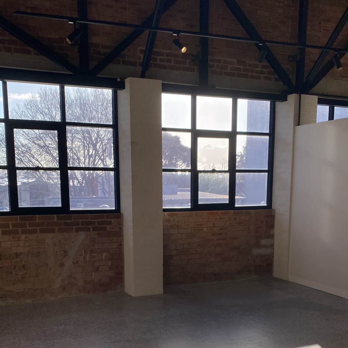 A spacious room with concrete flooring and large windows allowing sunlight to cast shadows on the floor.
