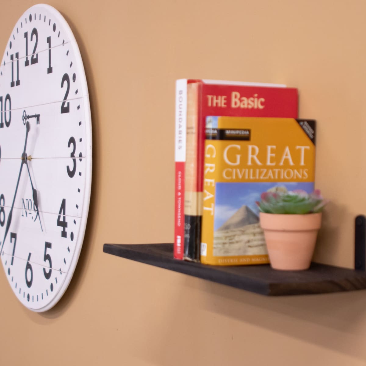 A large wall clock and two wooden shelves displaying books and a potted plant are mounted on an orange wall.
