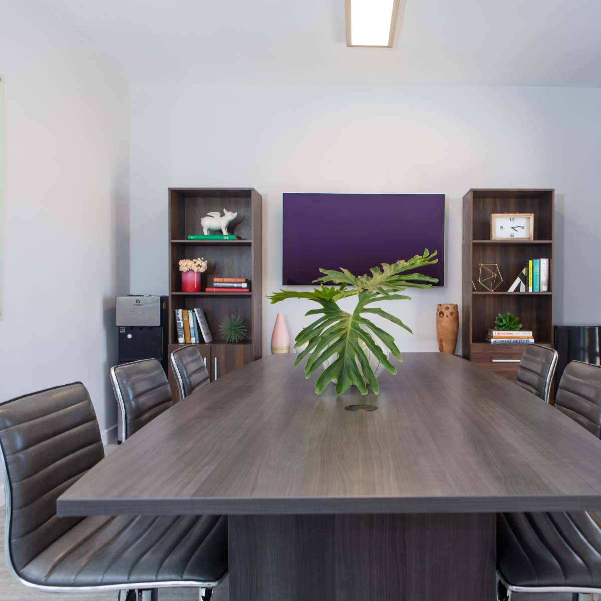 A modern conference room features a long table surrounded by sleek chairs, with a plant centerpiece and shelves displaying decor and books.