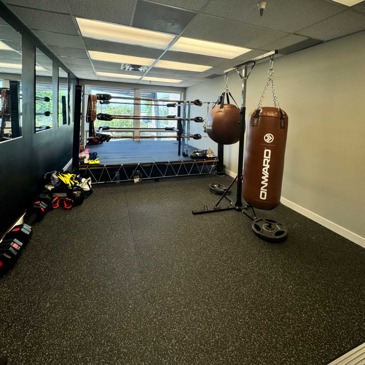 A training area featuring two heavy punching bags, a boxing ring, and workout gear against a wall.