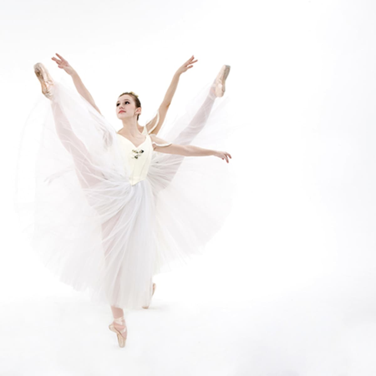 A ballet dancer strikes an elevated pose, showcasing her extended legs and flowing white tutu against a plain white background.
