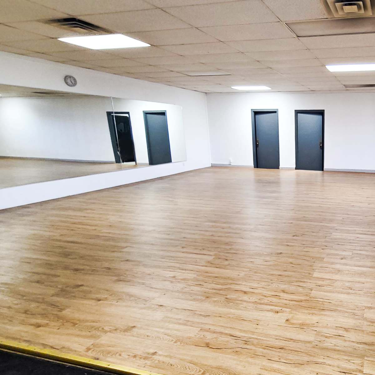 A spacious, empty room with wooden flooring, white walls, and two doors at the back, along with a large mirror on one side.