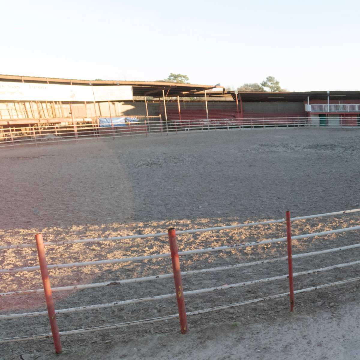 An empty rodeo arena with a circular dirt floor surrounded by a white wooden fence and bleacher seating.