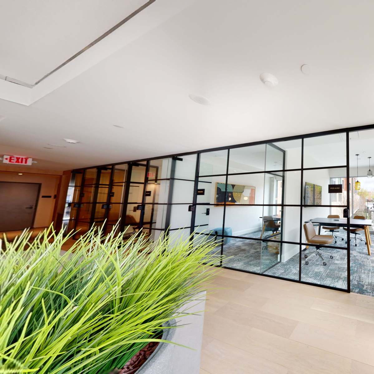A modern office space with glass walls, a conference table, and views of greenery outside.