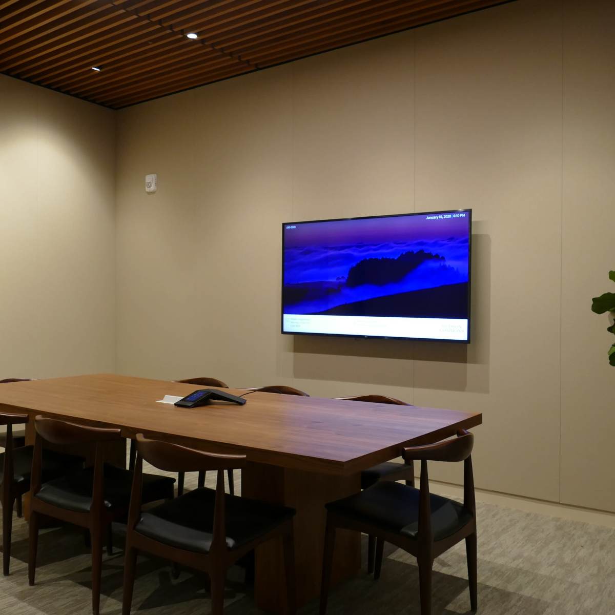 A conference room features a wooden table surrounded by chairs, with a wall-mounted television and a potted plant in the corner.