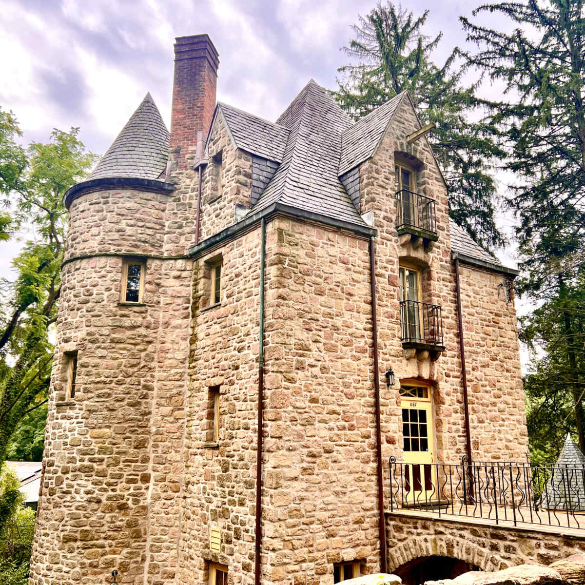 A stone castle with a tower and multiple gabled roofs is surrounded by tall trees.
