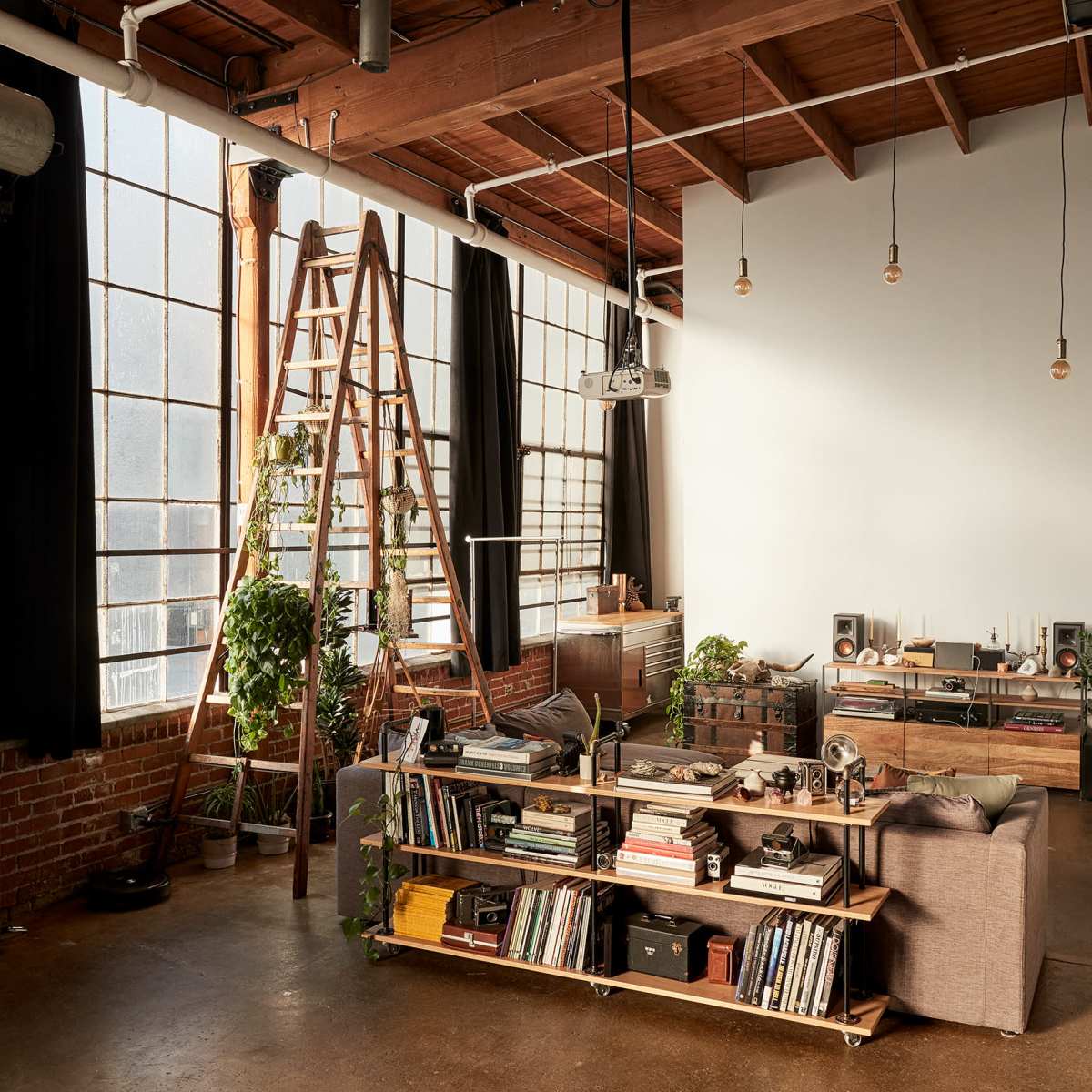 A spacious room features large windows, exposed wooden beams, a ladder leaning against the wall, and various books and plants arranged on shelves and furniture.