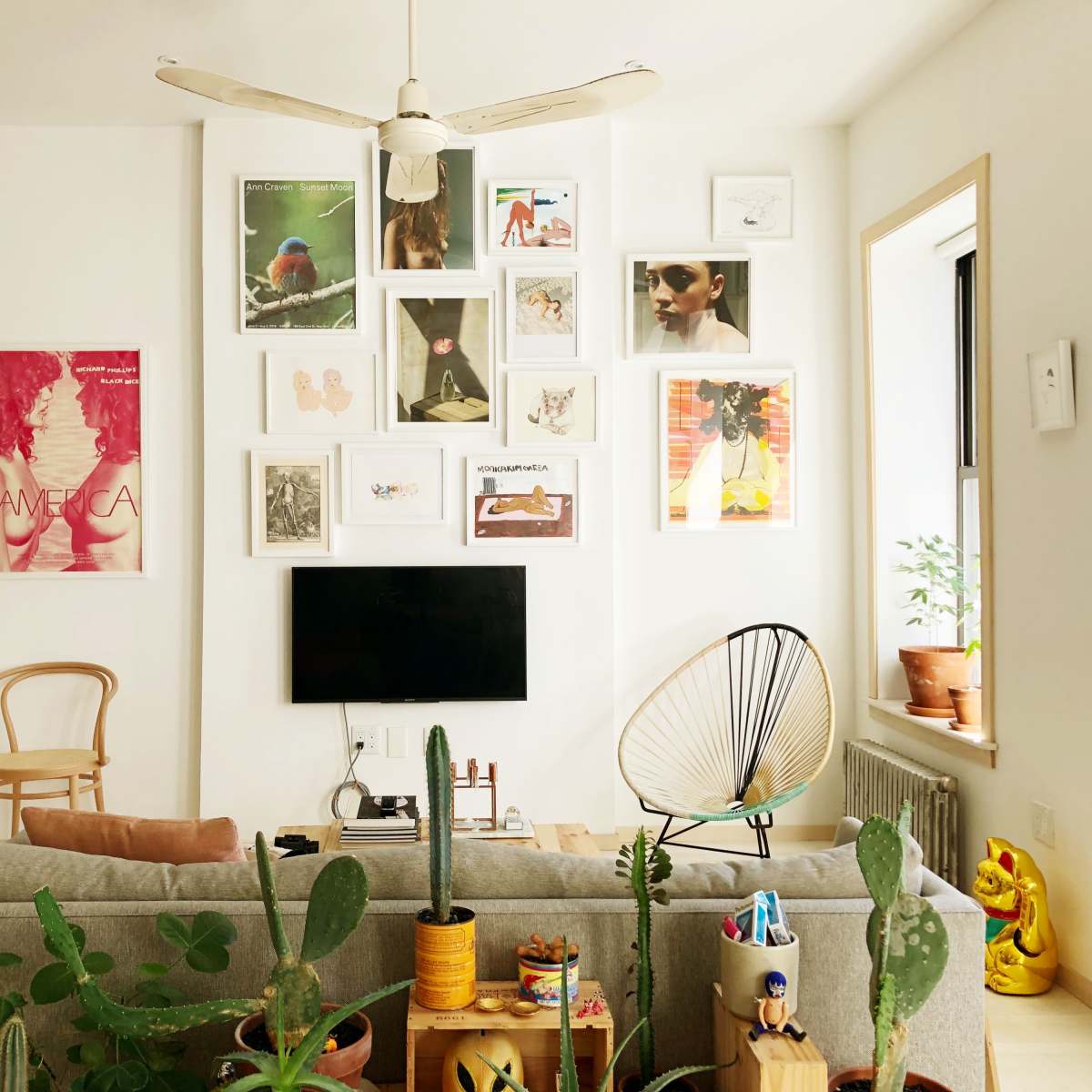 A cozy living room with a gray sofa, a wall adorned with various framed artworks, a television mounted on the wall, and several plants scattered throughout the space.