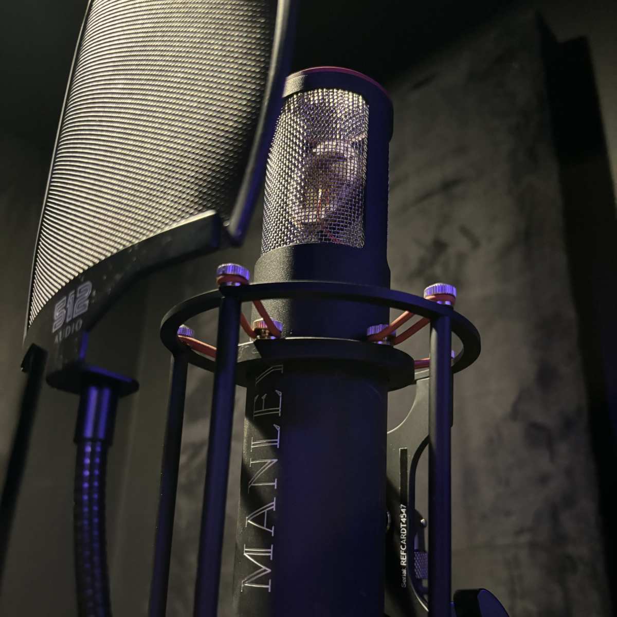 A black microphone with a mesh pop filter is positioned on a stand against a dark background.