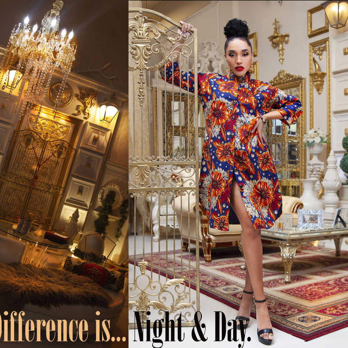 A split scene with an opulent, warmly lit interior on the left and a stylishly dressed model posing in a brightly decorated room on the right.