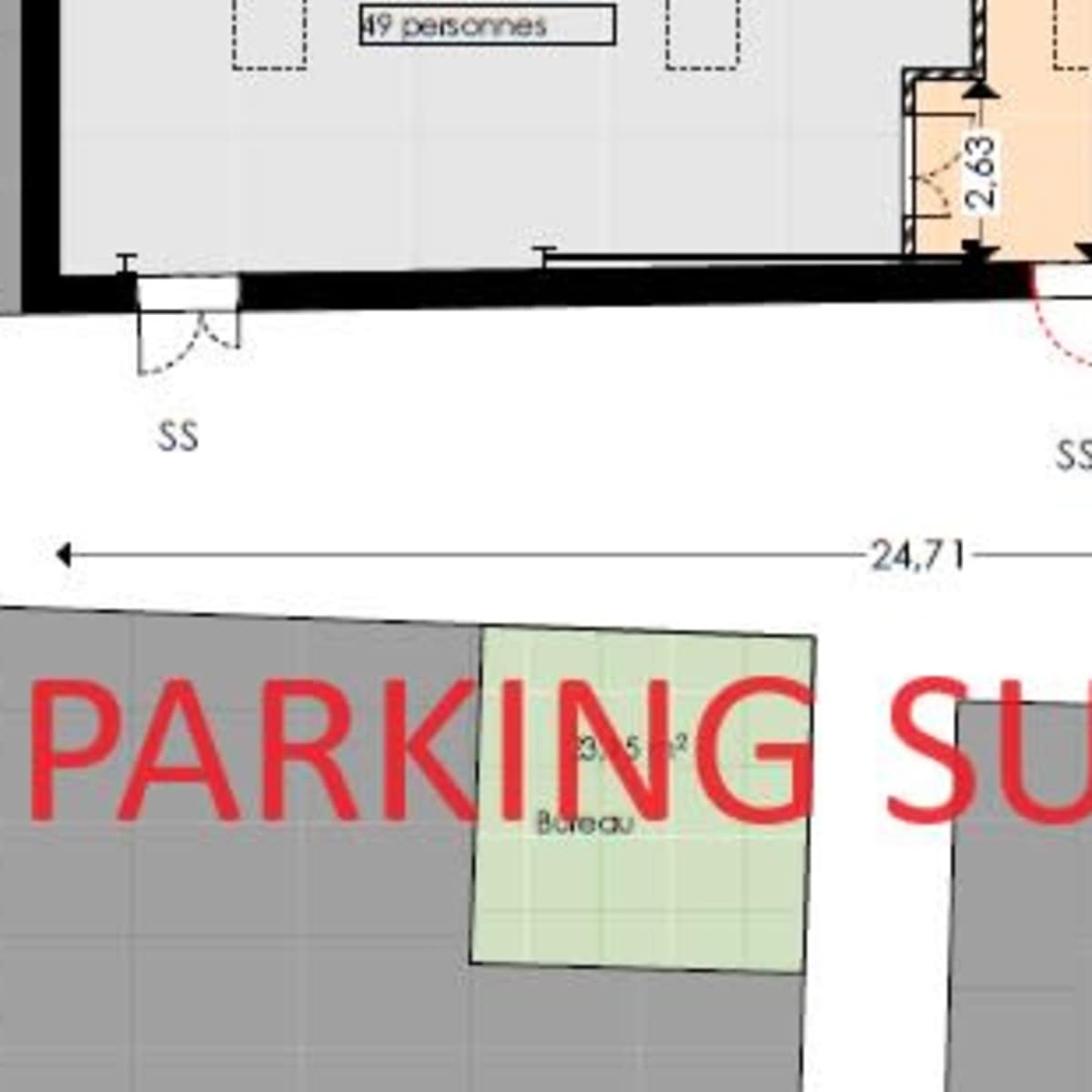 A floor plan layout with designated areas labeled for a parking space and other rooms, including measurements and capacities.