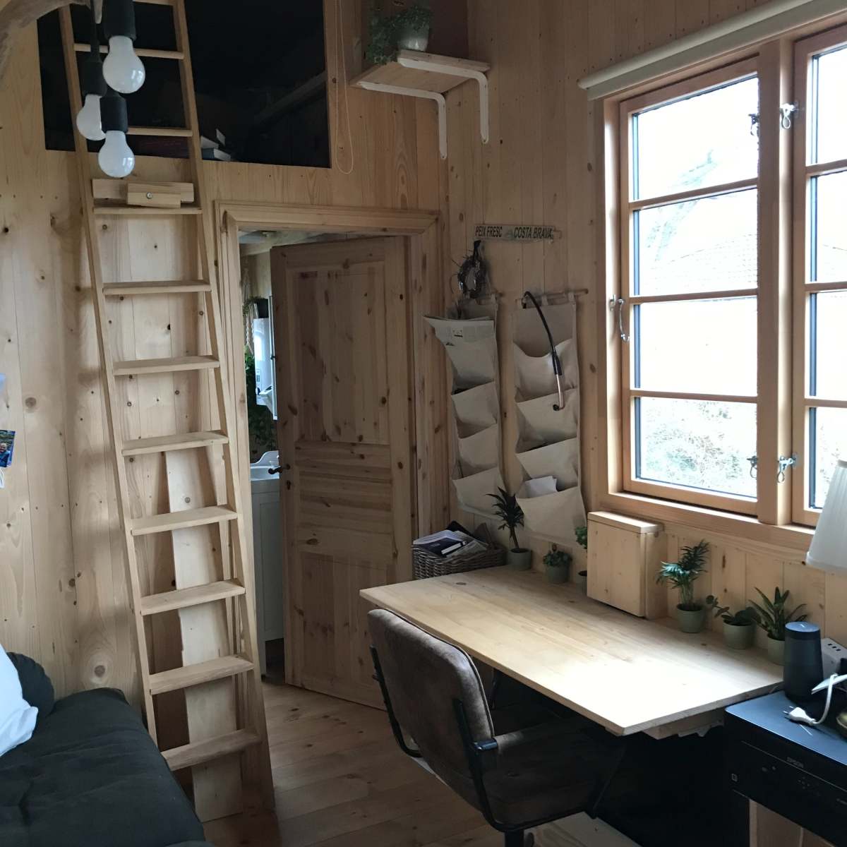 A small wooden interior space featuring a ladder leading to a loft, a desk with a chair, and several plants arranged on shelves and windowsills.