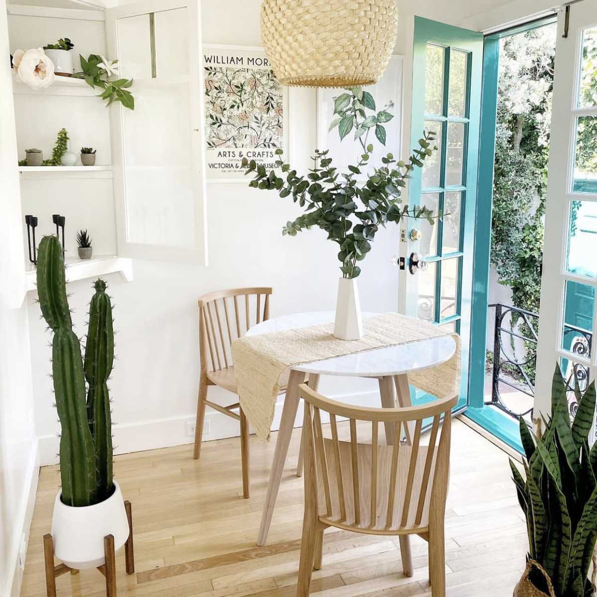 A bright dining area features a round table with a vase of greenery, surrounded by two wooden chairs, and includes a tall cactus and a decorative wall shelf.