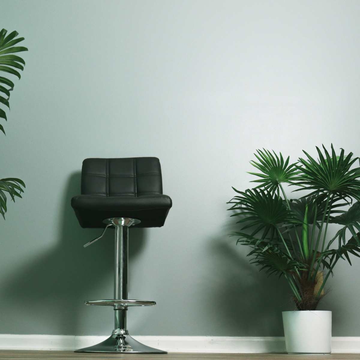 A black bar stool is positioned between two potted plants against a gray wall.
