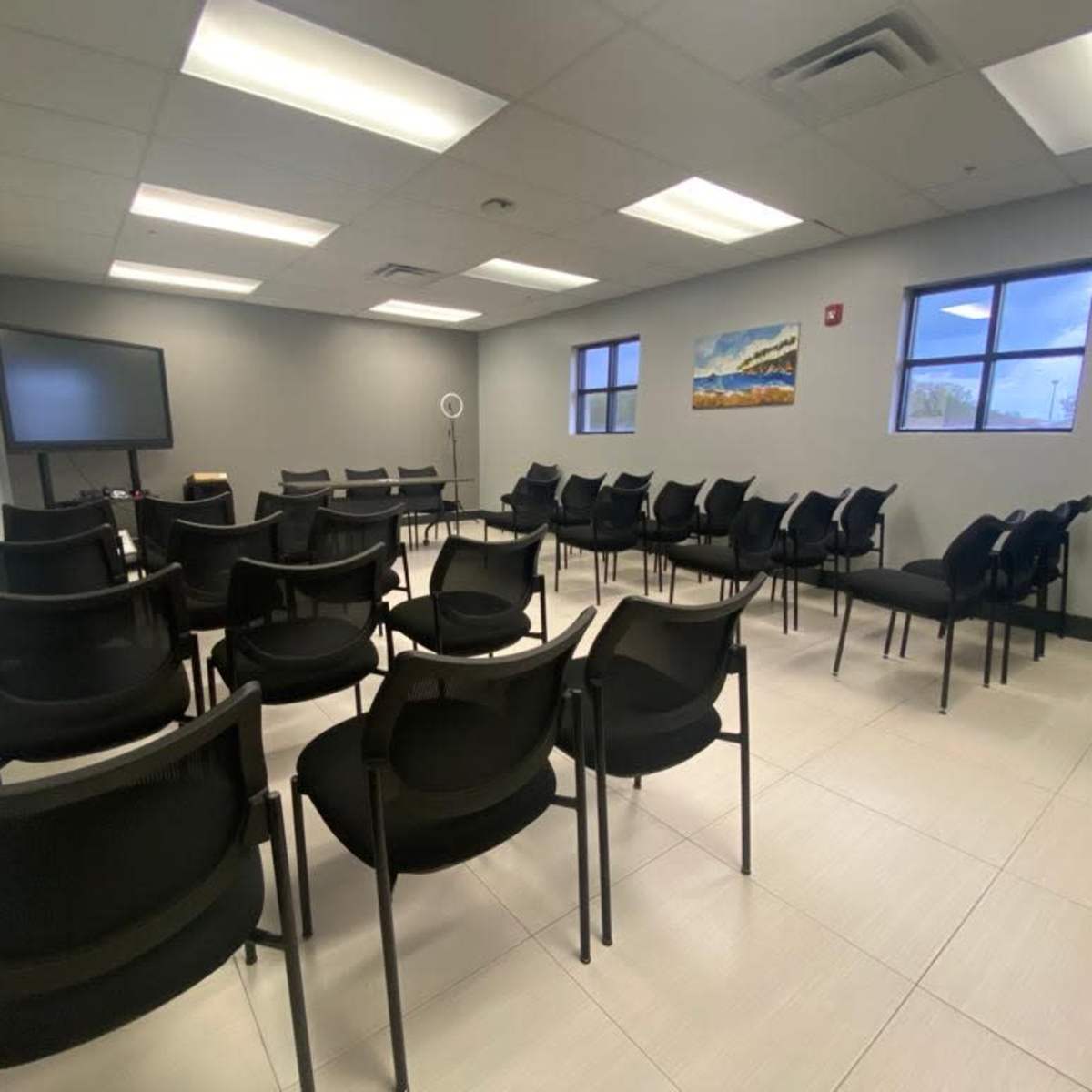 A meeting room with rows of black chairs arranged around a central space, a television on a stand, and artwork on the walls.