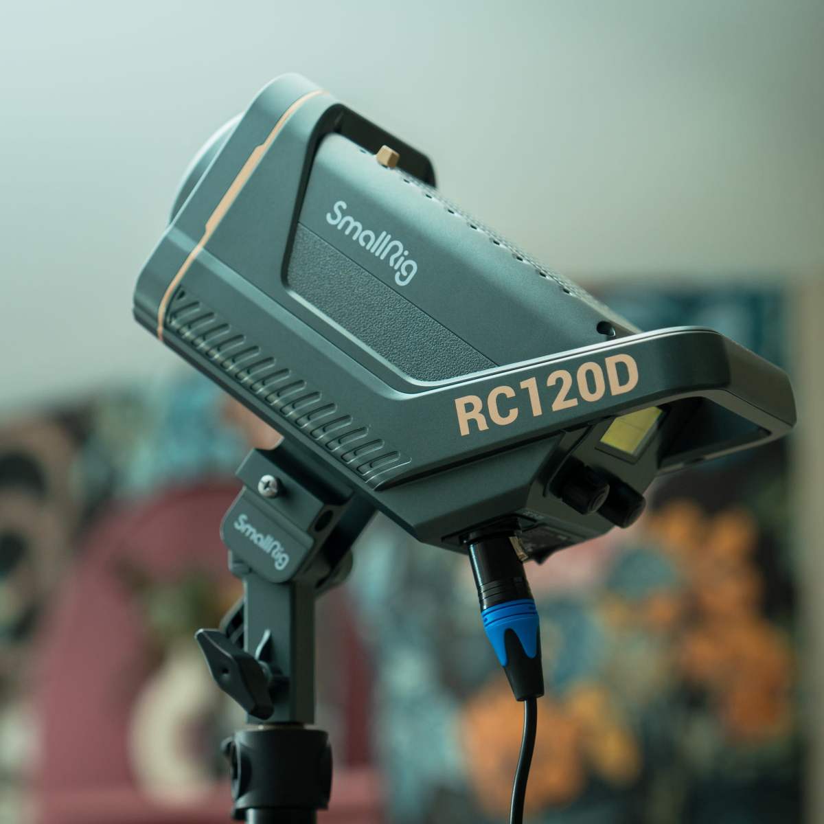 A small lighting device labeled "RC120D" mounted on a tripod stand, with a colorful floral backdrop visible in the background.