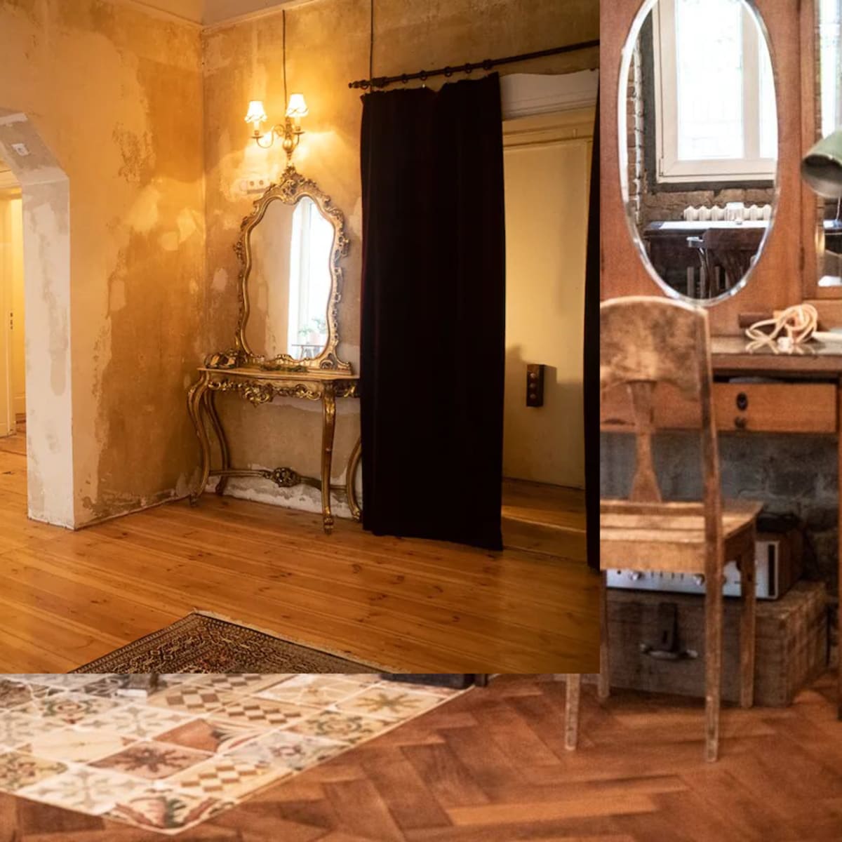 The room features a mix of vintage mirrors and furniture, with a wooden floor and a patterned area rug, set in a space with distressed walls and soft lighting.