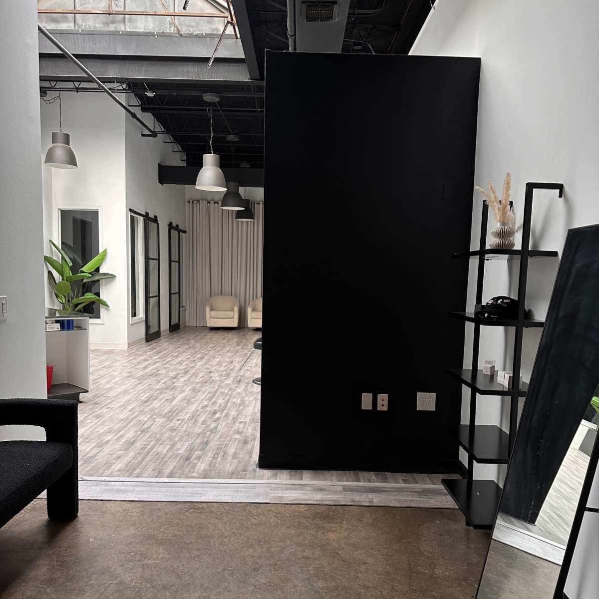 A modern interior space with a black wall, a reflective mirror, a few plants, and an area containing light-colored furniture in the background.