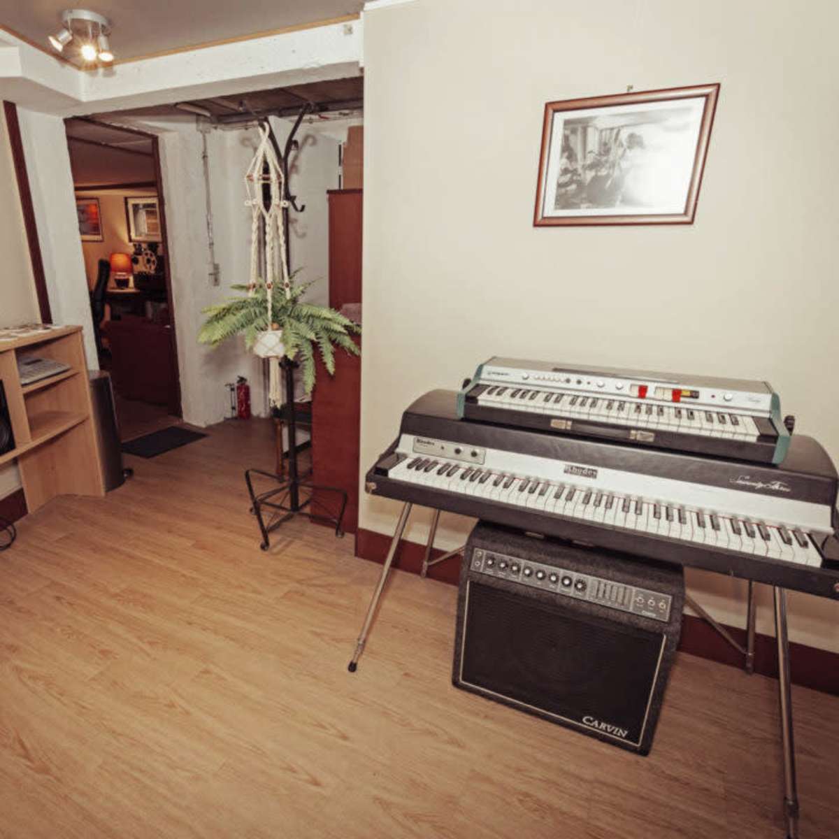 A room featuring a wooden bookshelf, a keyboard on a stand, and a potted plant beside an amplifier.