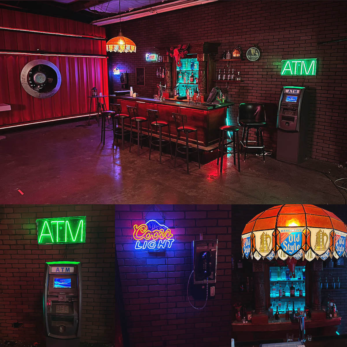 A dimly lit bar scene with a brick wall, a wooden bar adorned with various bottles, and neon signs for "ATM" and "Coors Light."