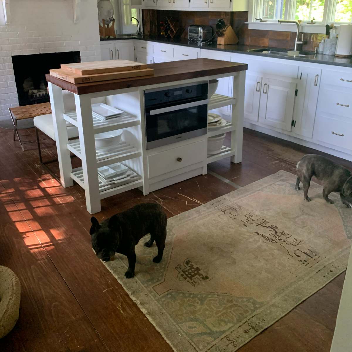 A kitchen features a central island with a wooden countertop, an oven underneath, and two dogs on a patterned rug.
