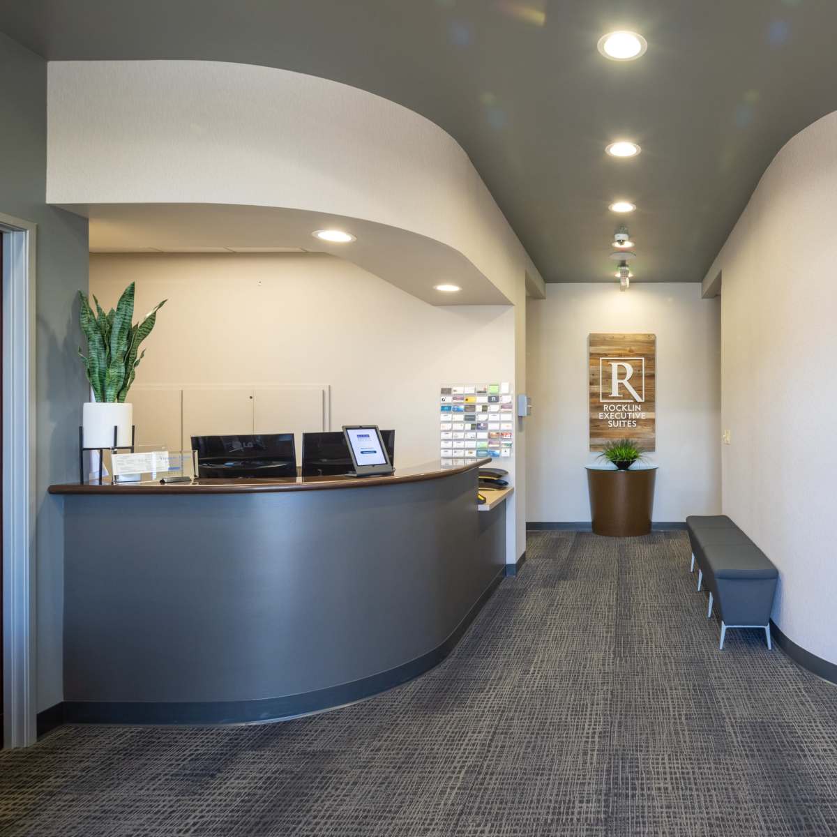 A modern reception area featuring a curved front desk, a seating bench, and a potted plant along a well-lit corridor.